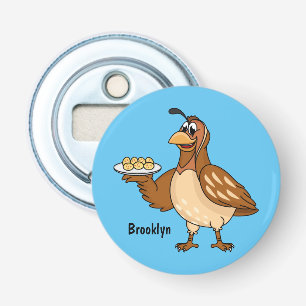Happy quail with eggs cartoon bottle opener