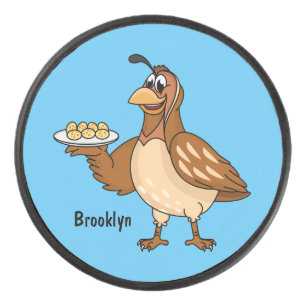 Happy quail with eggs cartoon hockey puck