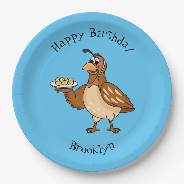 Happy quail with eggs cartoon paper plate (Front)