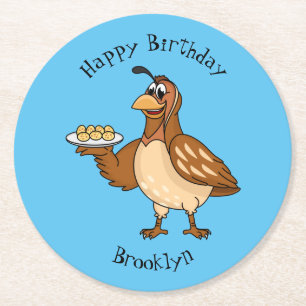 Happy quail with eggs cartoon round paper coaster