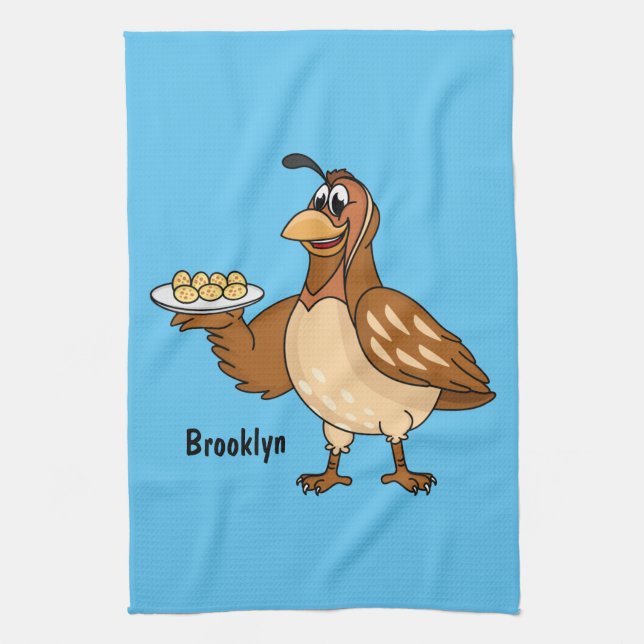 Happy quail with eggs cartoon  tea towel (Vertical)