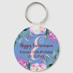 Happy Quinceanera 15 birthday monogram name blue Key Ring