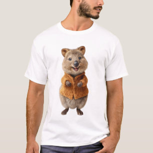 Happy Quokka in Orange Knitted Cardigan T-Shirt