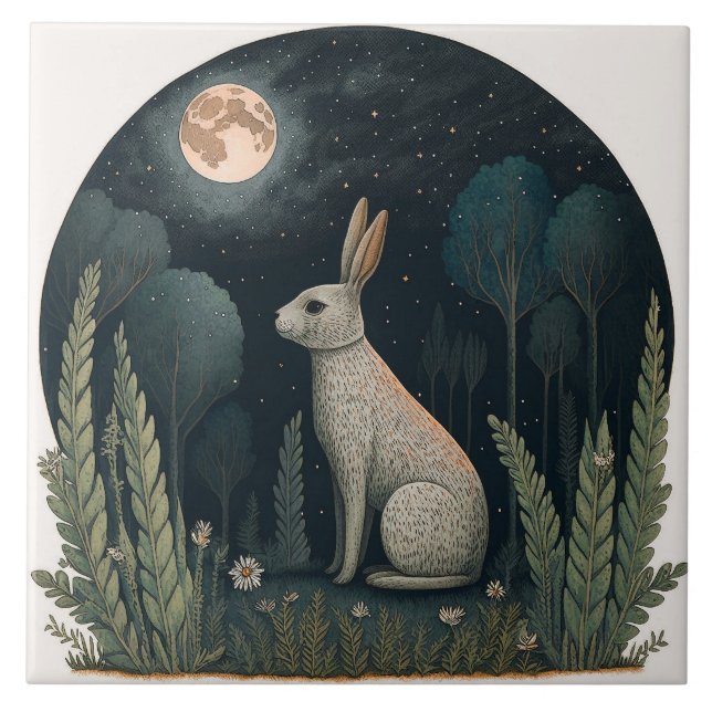 Happy Rabbit in the Moonlight Ceramic Tile (Front)