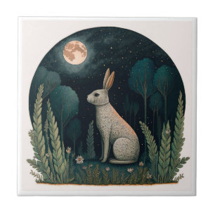 Happy Rabbit in the Moonlight Ceramic Tile