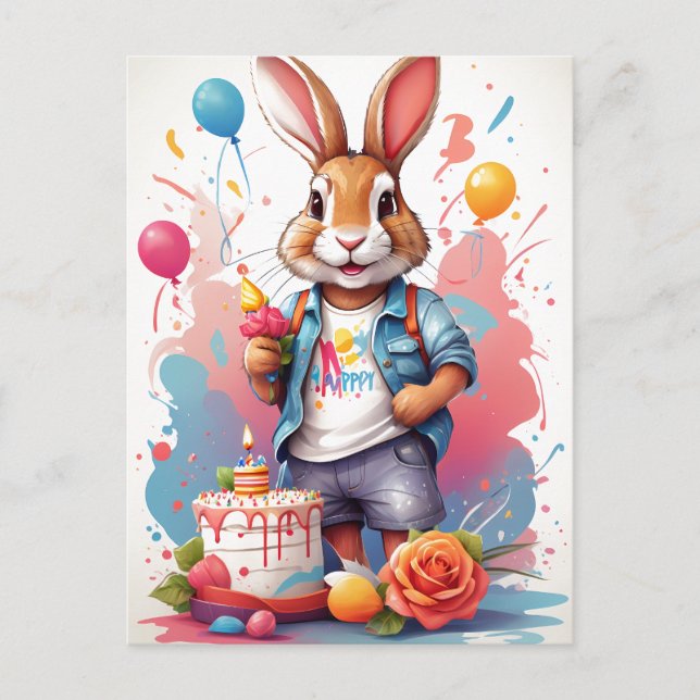 Happy Rabbit with Cake |  Postcard (Front)