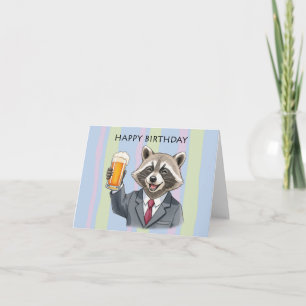 Happy Raccoon in Suits with Beer Toast Birthday Card