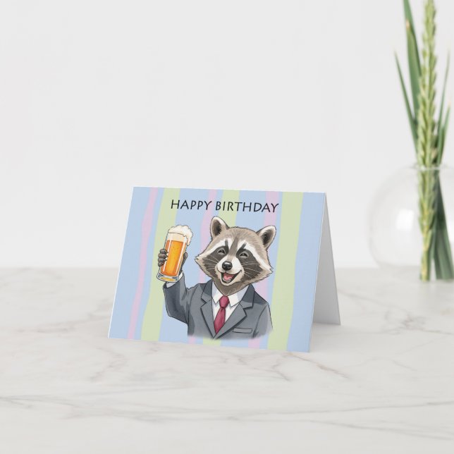 Happy Raccoon in Suits with Beer Toast Birthday Card (Front)