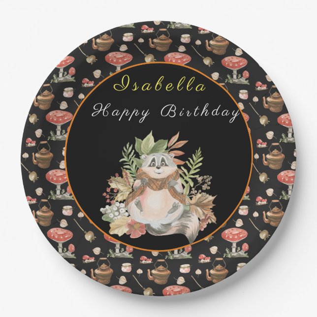 Happy Racoon Customise Text and Colour Paper Plate (Front)