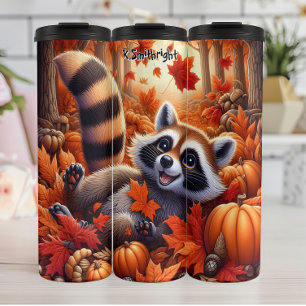  Happy Racoon in Autumn Leaves and Pumpkins Thermal Tumbler