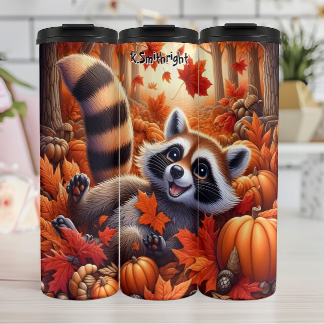  Happy Racoon in Autumn Leaves and Pumpkins Thermal Tumbler (Creator Uploaded)