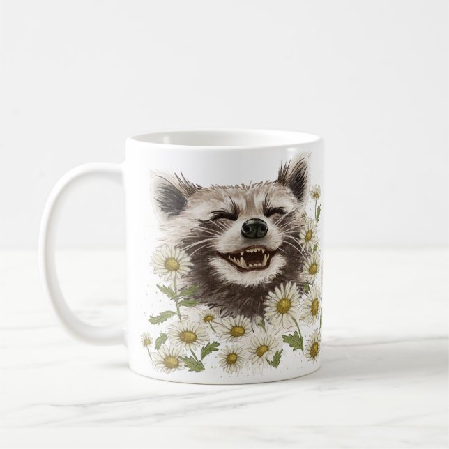 Happy racoon in daisies coffee mug (Left)