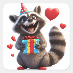 🎁 Happy Racoon With Balloons And Gift Square Sticker