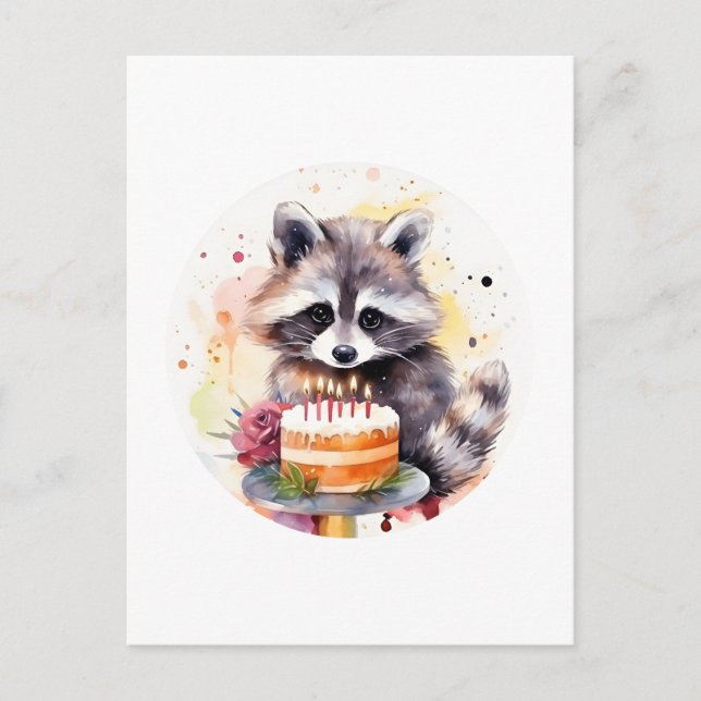 Happy Racoon with Birthday cake Postcard (Front)