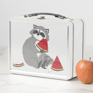 Happy racoon with watermelon metal lunch box