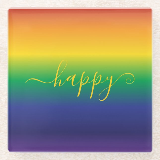 Happy Rainbow Colourful Stripes Glass Coaster (Front)