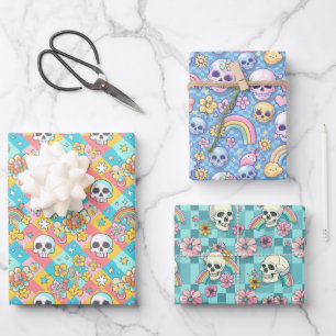 Happy Rainbow Flower Skull Goth Colourful Wrapping Paper Sheet