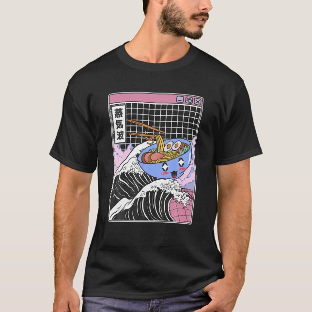 Happy Ramen Bowl Kanagawa Wave Digital Anime 80S V T-Shirt (Front)