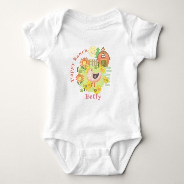 Happy Ranch Chicken Hen. Personalised.  Baby Bodysuit (Front)