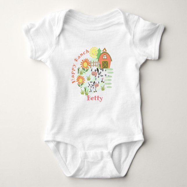 Happy Ranch Cow. Personalised.  Baby Bodysuit (Front)