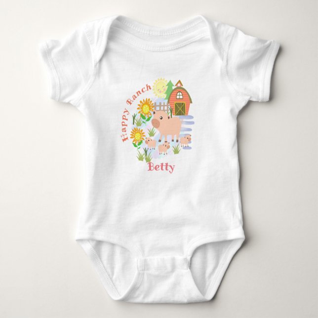 Happy Ranch Pig. Personalised.  Baby Bodysuit (Front)