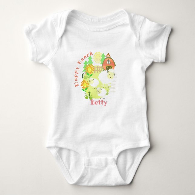 Happy Ranch Sheep. Personalised.  Baby Bodysuit (Front)