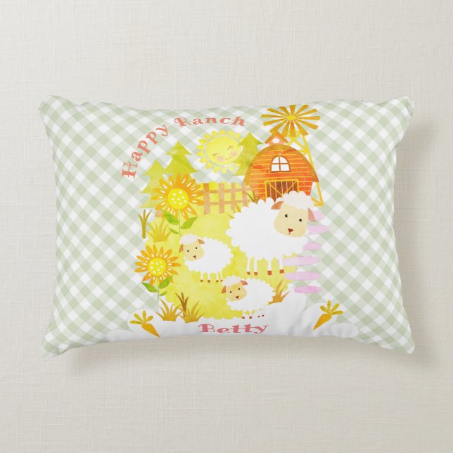 Happy Ranch Sheep Personalised. Decorative Cushion (Front)