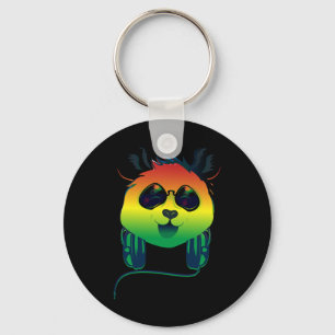 Happy Rasta Coloured Panda Bear Face With Sunglass Key Ring