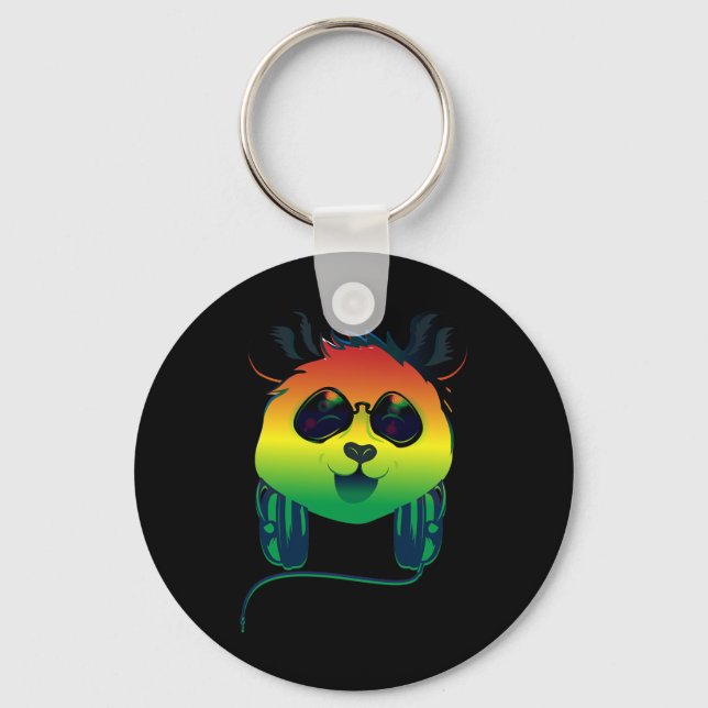 Happy Rasta Coloured Panda Bear Face With Sunglass Key Ring (Front)