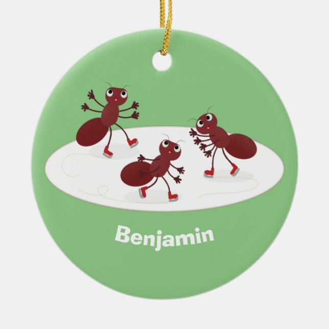 Happy red ants ice skating cartoon ceramic ornament (Front)