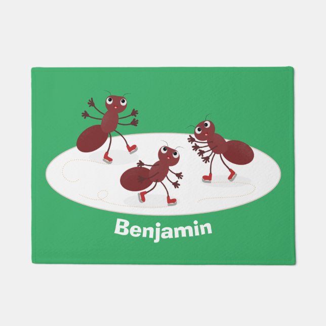 Happy red ants ice skating cartoon doormat (Front)
