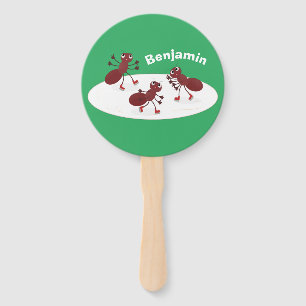 Happy red ants ice skating cartoon hand fan