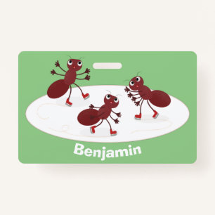 Happy red ants ice skating cartoon ID badge
