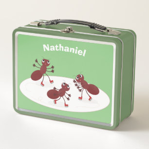 Happy red ants ice skating cartoon metal lunch box