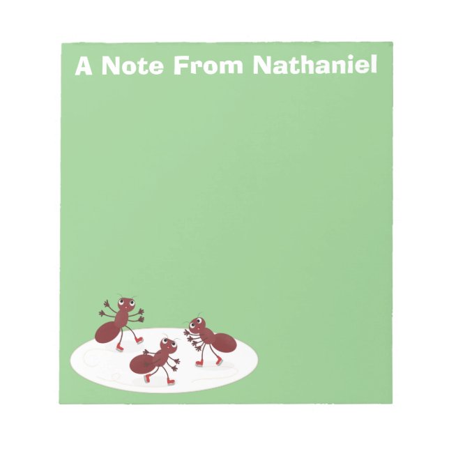Happy red ants ice skating cartoon notepad (Front)