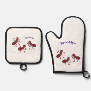Happy red ants ice skating cartoon oven mitt & pot holder set