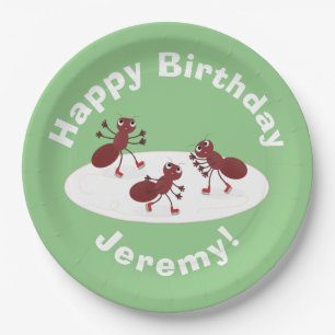 Happy red ants ice skating cartoon paper plate