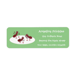 Happy red ants ice skating cartoon return address label