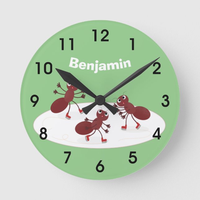 Happy red ants ice skating cartoon round clock (Front)