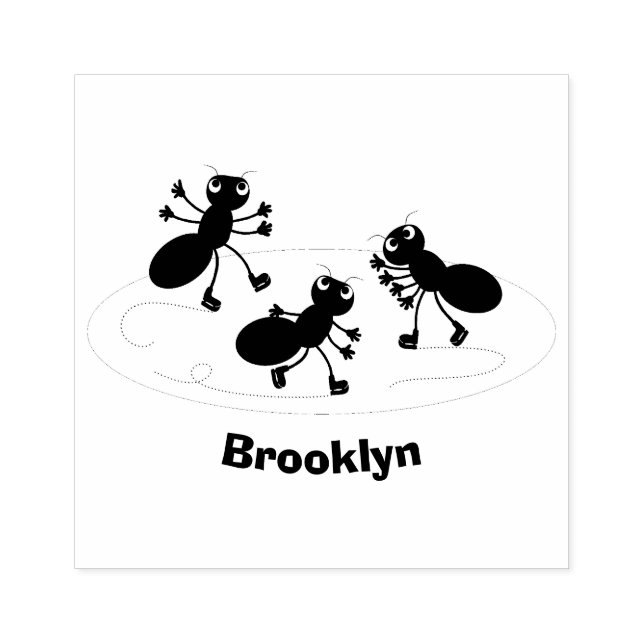 Happy red ants ice skating cartoon rubber stamp (Imprint)