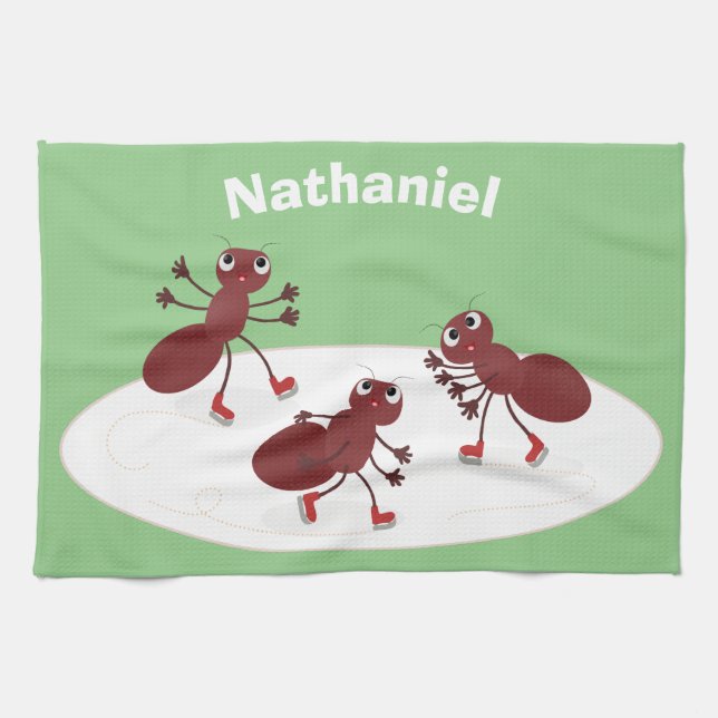 Happy red ants ice skating cartoon tea towel (Horizontal)