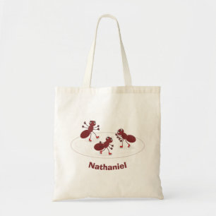Happy red ants ice skating cartoon tote bag