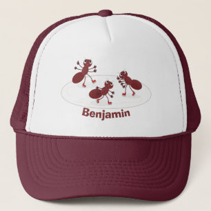 Happy red ants ice skating cartoon trucker hat