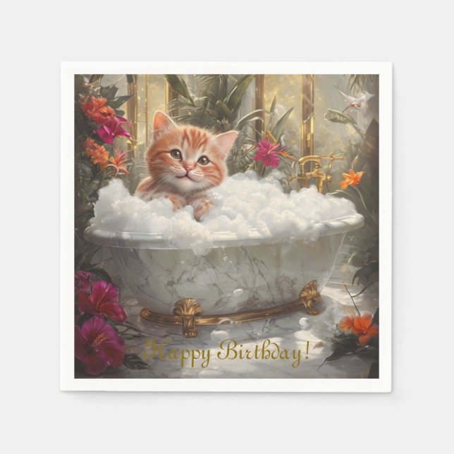 Happy Red Cat In Luxury Bath - Kids Birthday Party Napkin (Front)