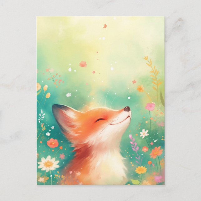 Happy Red Fox in Ethereal Spring Meadow Postcard (Front)