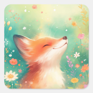 Happy Red Fox in Green and Yellow Wildflower Square Sticker