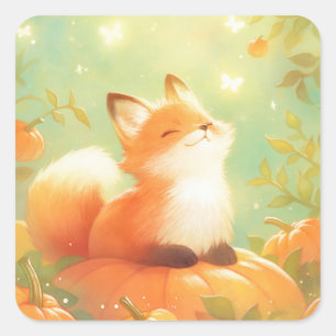 Happy Red Fox Sitting on Pumpkin Autumn Square Sticker