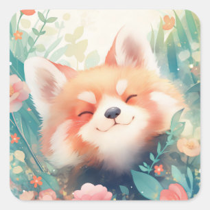 Happy Red Panda Face in Pink Flower Garden Square Sticker