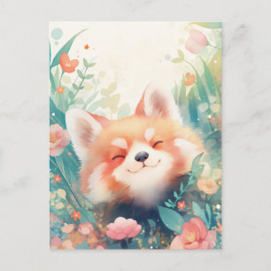 Happy Red Panda in Colourful Garden Meadow Postcard