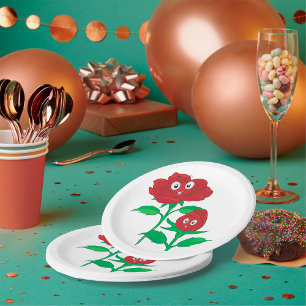Happy Red Rose Characters Paper Plate